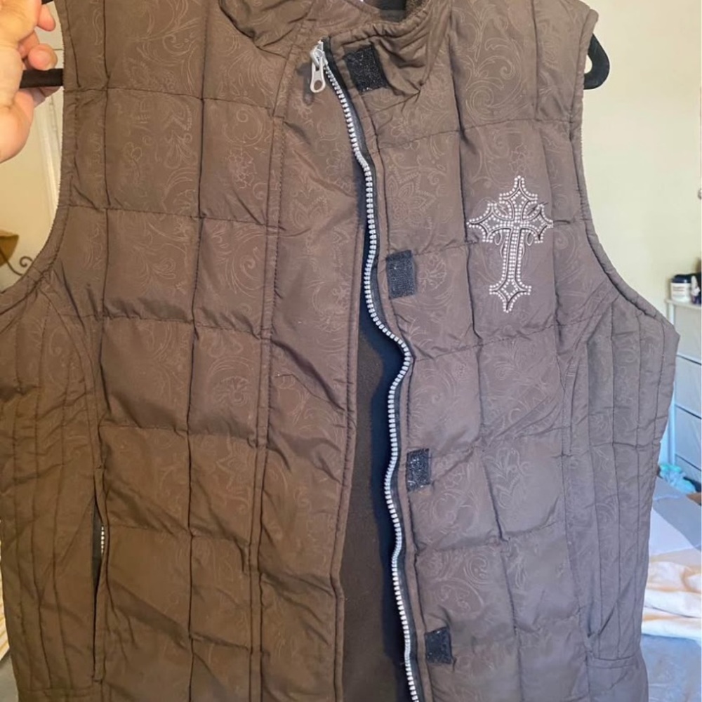 Brown Quilted Vest with Studded Cross